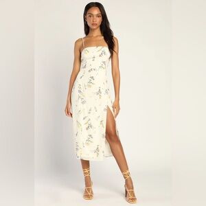 Feel the Love Ivory Floral Print Lace-Up Midi Dress